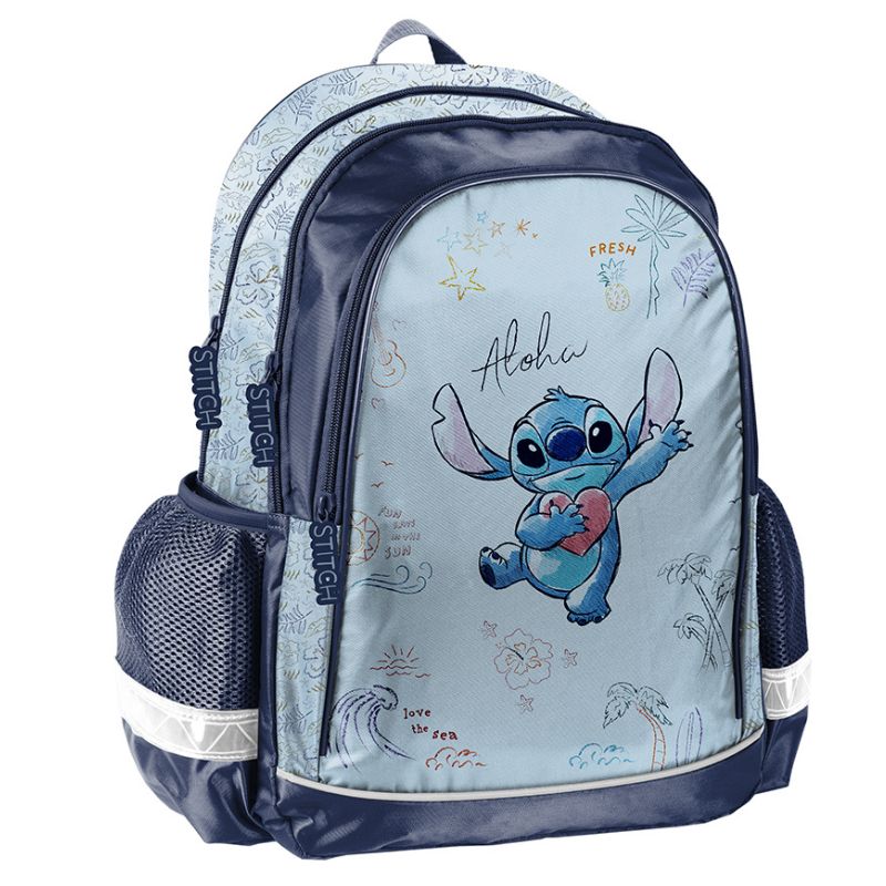Paso Plecak Szkolny Młodzieżowy Do Szkoły Trzykomorowy Duży Pojemny Odblaski A4 Stitch Aloha Niebieski