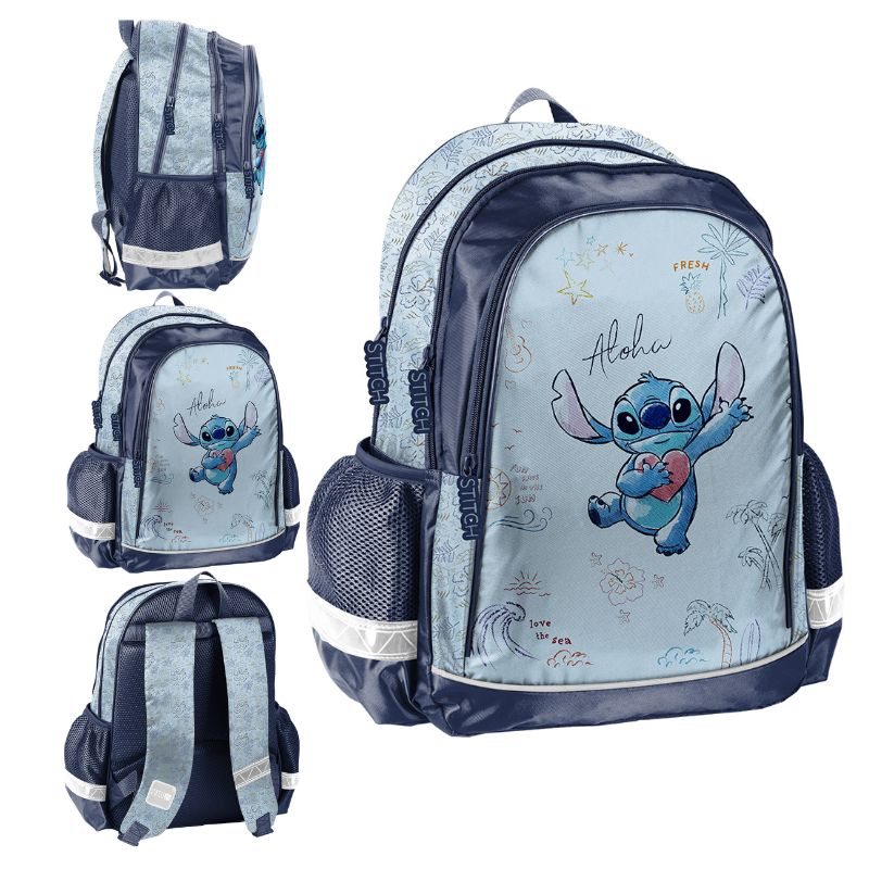 Paso Plecak Szkolny Młodzieżowy Do Szkoły Trzykomorowy Duży Pojemny Odblaski A4 Stitch Aloha Niebieski