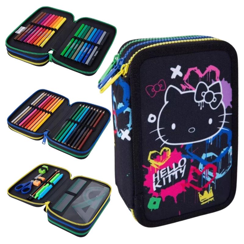 Piórnik Szkolny Hello Kitty Czarny Neon Coolpack Z Pełnym Wyposażeniem Trzykomorowy Rozkładany Do Szkoły