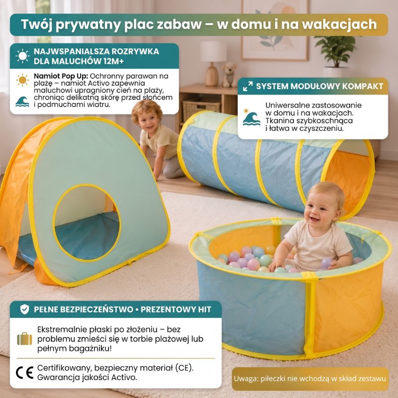 Activo Zestaw 3w1 Zabawki Samorozkładające Się Tunel Dla Dzieci Do Raczkowania + Suchy Basen Na Piłeczki Kulki + Domek Namiot Dla Najmłodszych Pop Up