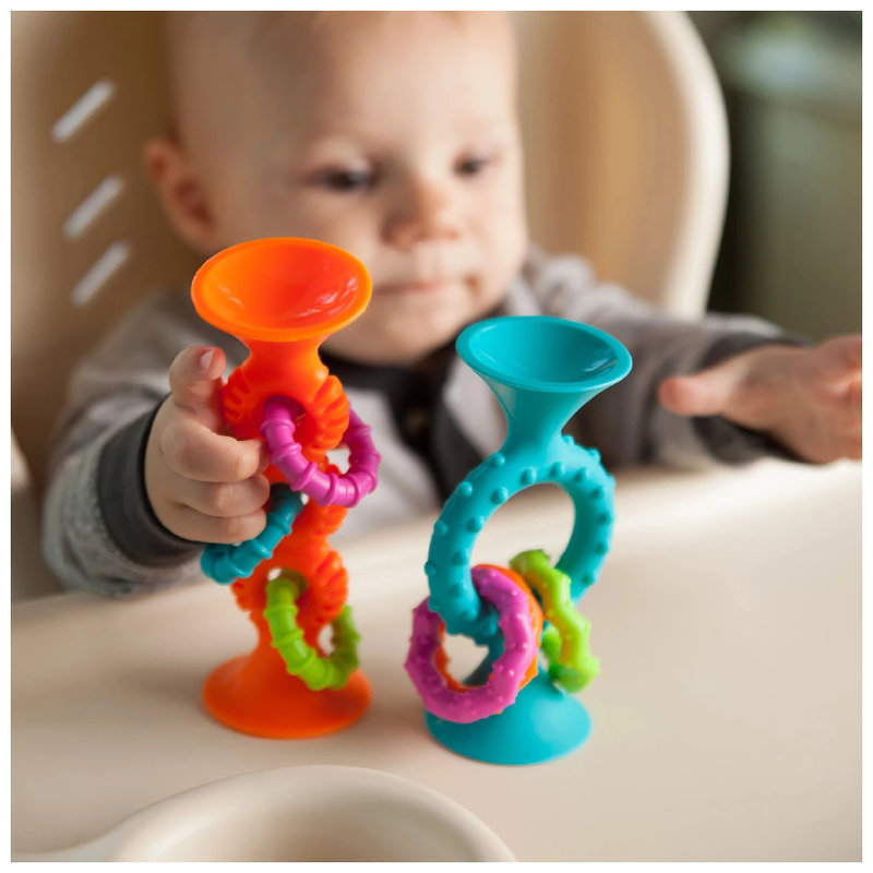 Jucărie senzorială Fat Brain Toyco pip Squigz Loops zornăitoare pentru sugari și inel dentar pentru copii cu ventuză